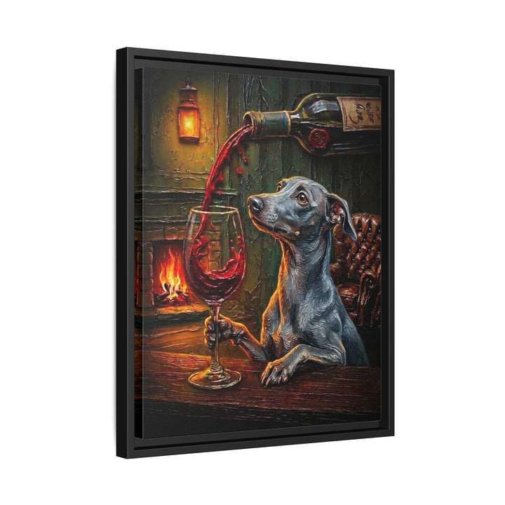 "Wine & Woof" - Italian Greyhound Vertical Framed Canvas - Dog Lover Wall Art