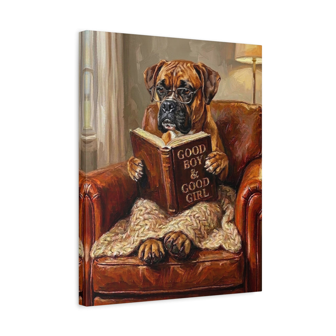 "Evening Read" - Boxer Vertical Canvas - Dog Lover Wall Art