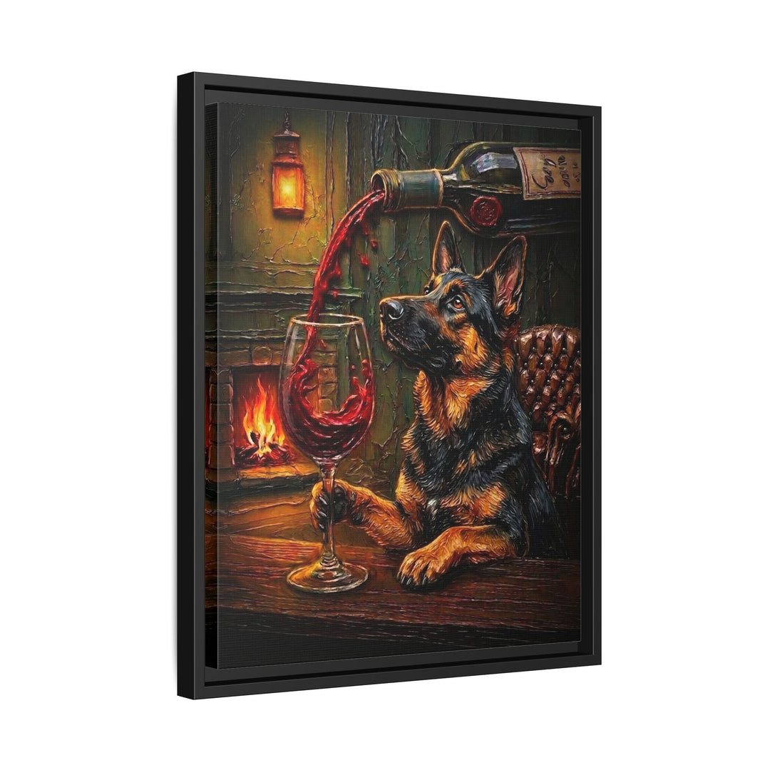 "Wine & Woof" - German Shepherd Vertical Framed Canvas - Dog Lover Wall Art