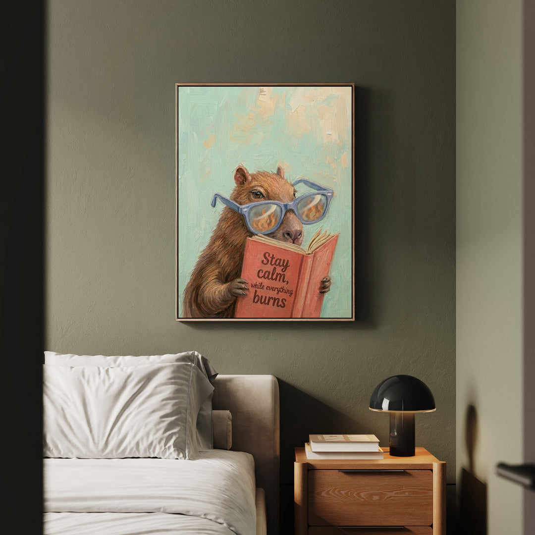 "Stay Calm While Everything Burns" - Capybara Vertical Framed Canvas - Animal Book Humor Wall Art