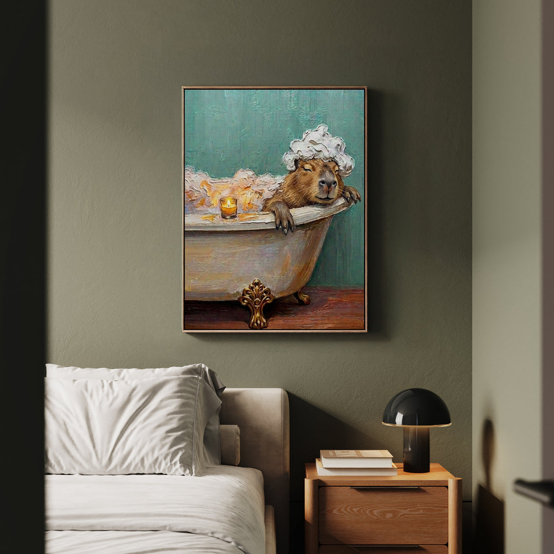 "Bubble Time" - Capybara Vertical Framed Canvas - Spirit Animal Wall Art