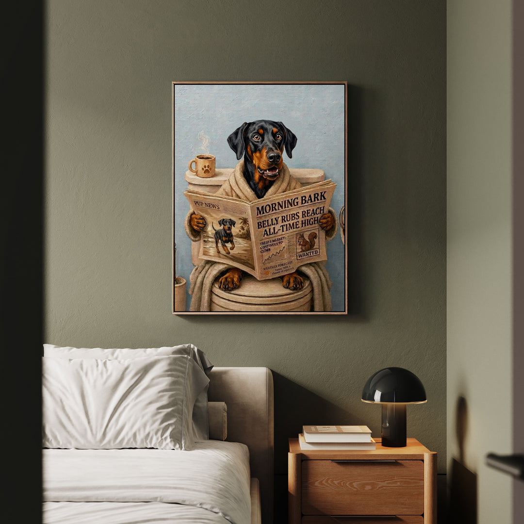 "Morning Business" - Doberman Vertical Framed Canvas - Dog Lover Wall Art