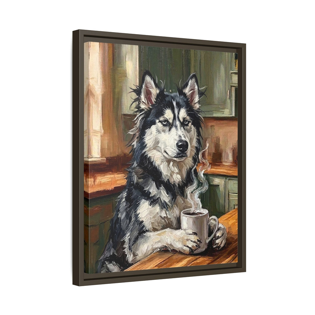 "Before Coffee" - Husky Vertical Framed Canvas - Dog Lover Wall Art