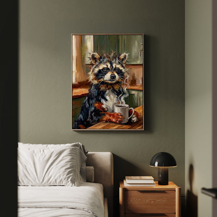 "Coffee & Silence" - Raccoon Vertical Framed Canvas - Spirit Animal Wall Art