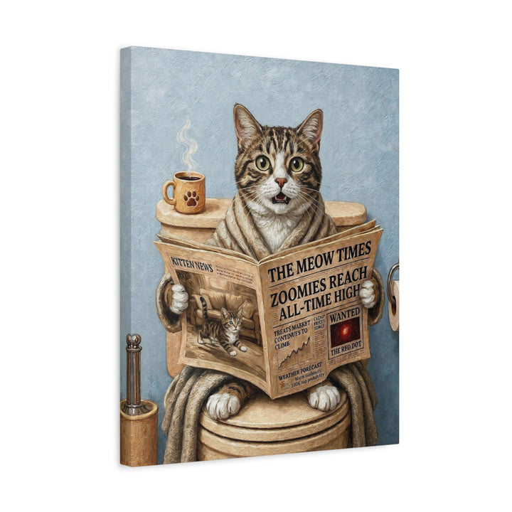 "Morning Business" - Brown Tabby & White Vertical Canvas - Cat Lover Wall Art