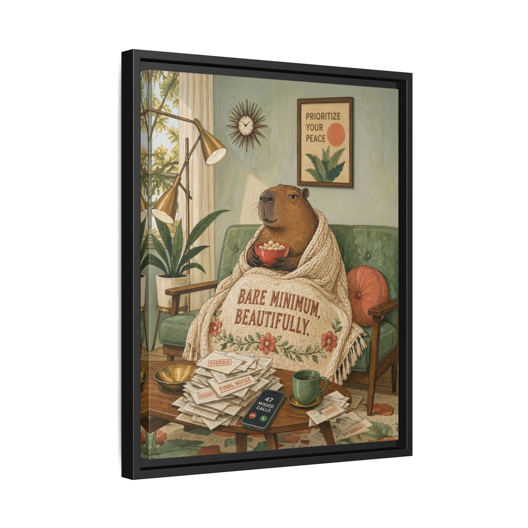 "Bare Minimum" - Capybara Vertical Framed Canvas - Dark Burnout Humor Wall Art