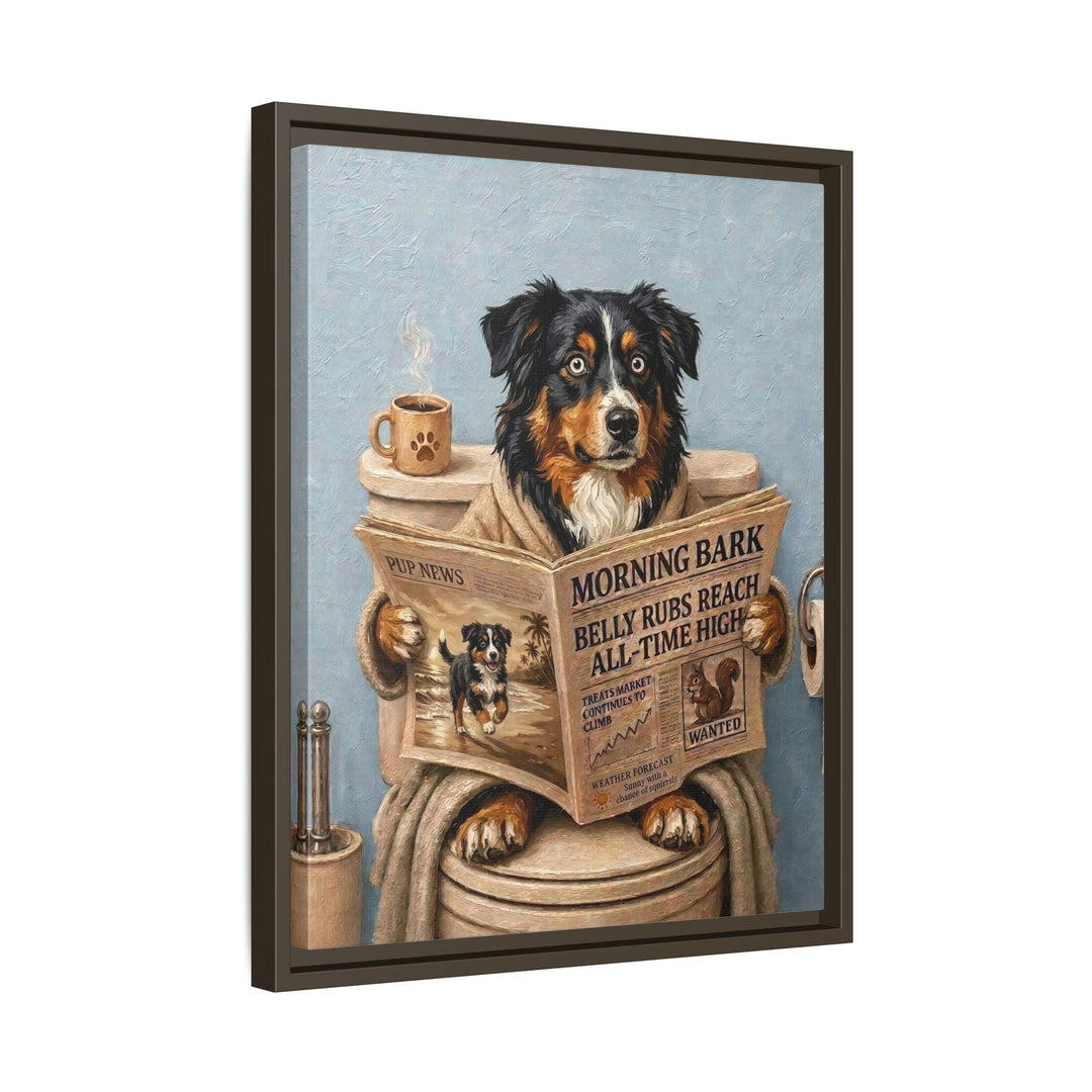 "Morning Business" - Australian Shepherd Vertical Framed Canvas - Dog Lover Wall Art