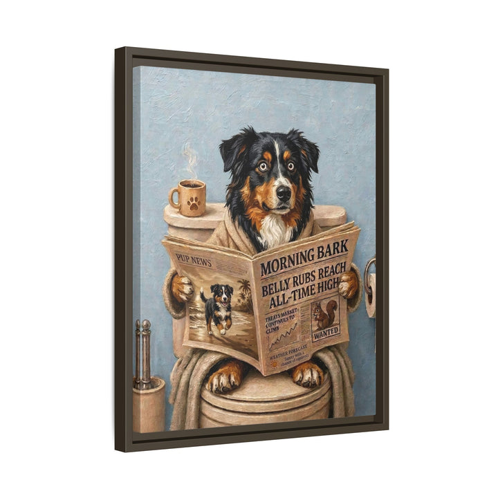"Morning Business" - Australian Shepherd Vertical Framed Canvas - Dog Lover Wall Art