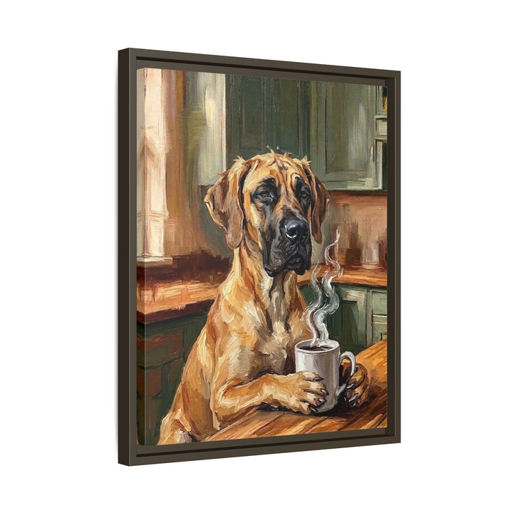 "Before Coffee" - Great Dane Vertical Framed Canvas - Dog Lover Wall Art