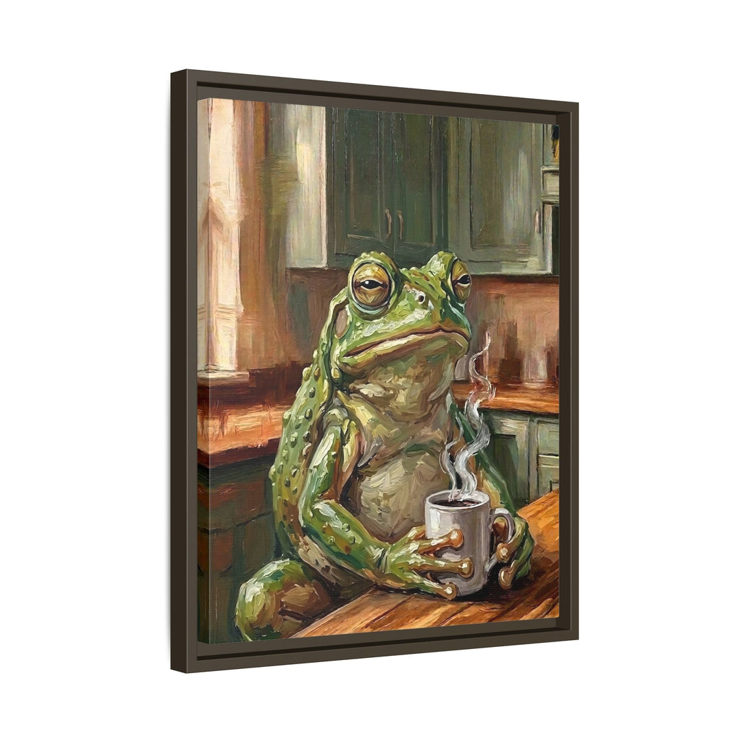 "Coffee & Silence" - Frog Vertical Framed Canvas - Spirit Animal Wall Art