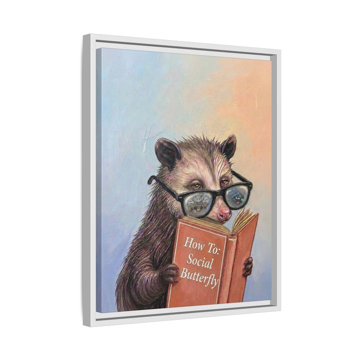 "How To Social Butterfly" - Opossum Vertical Framed Canvas - Animal Book Humor Wall Art