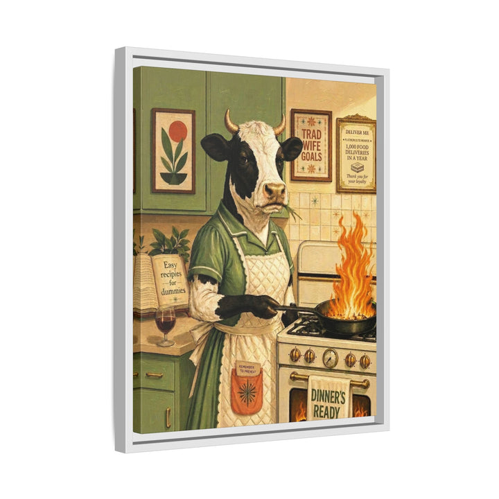 "Trad Wife Goals" - Cow Vertical Framed Canvas - Dark Burnout Humor Wall Art