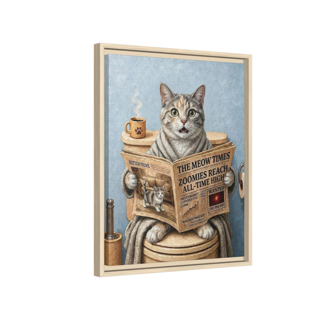 "Morning Business" - Dilute Calico Vertical Framed Canvas - Cat Lover Wall Art