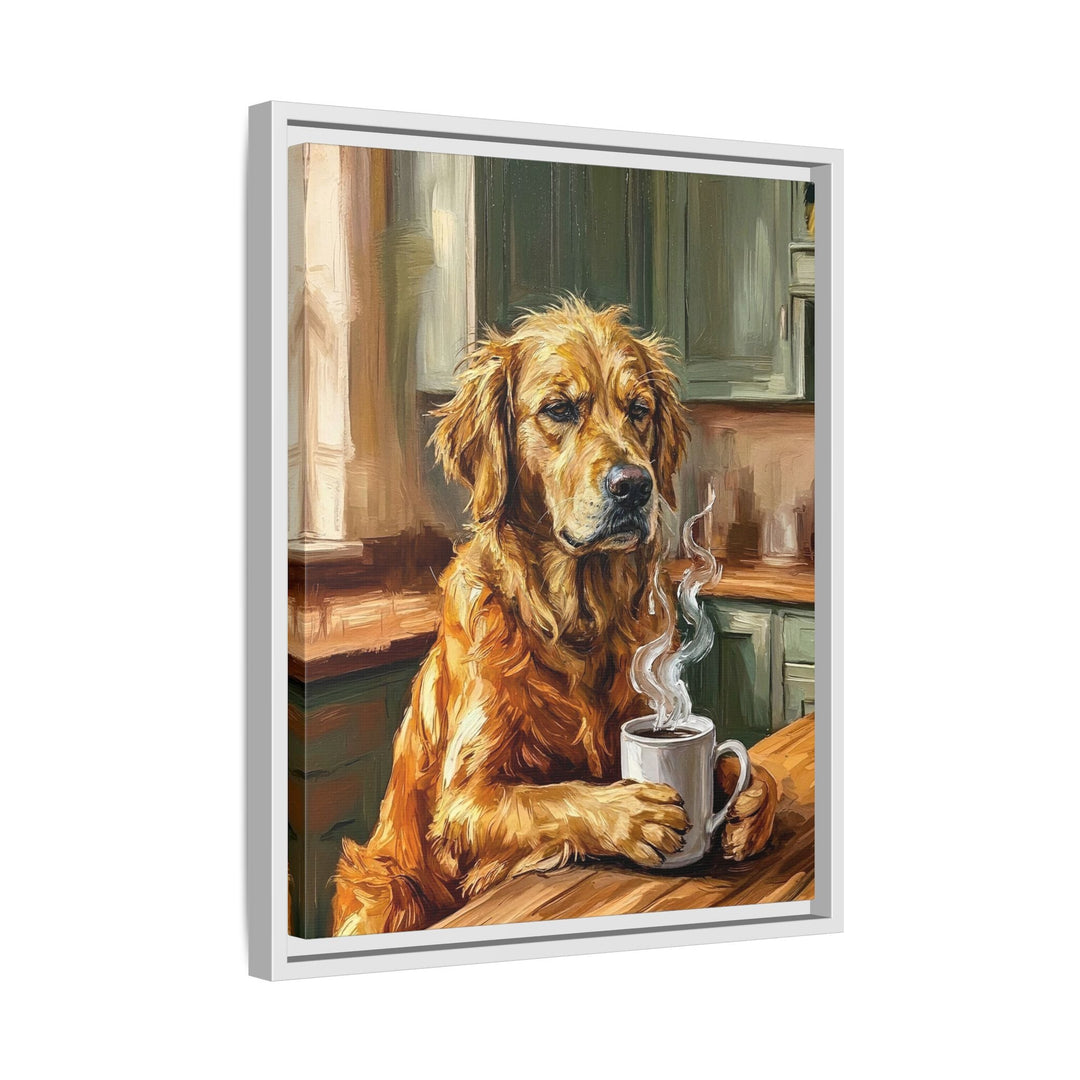 "Before Coffee" - Golden Retriever Vertical Framed Canvas - Dog Lover Wall Art