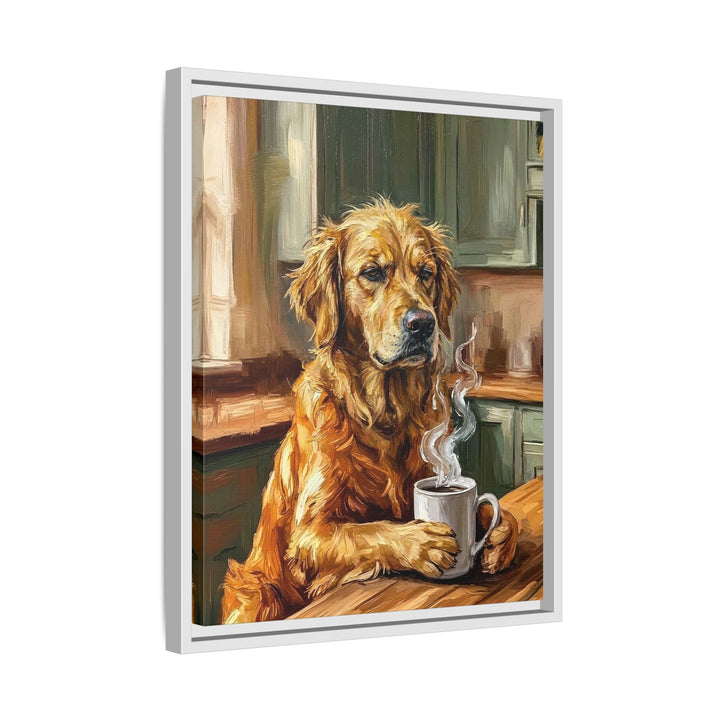 "Before Coffee" - Golden Retriever Vertical Framed Canvas - Dog Lover Wall Art