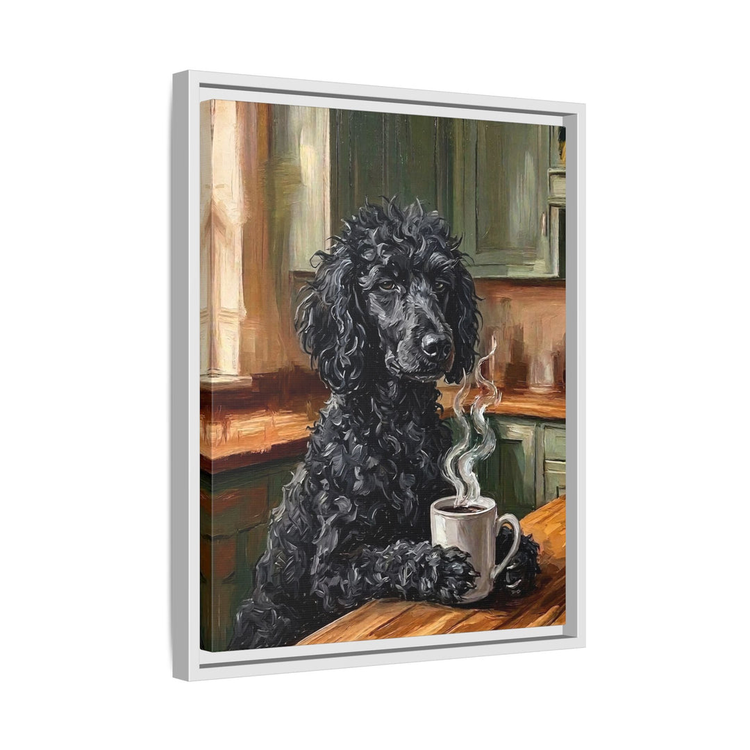 "Before Coffee" - Poodle Vertical Framed Canvas - Dog Lover Wall Art