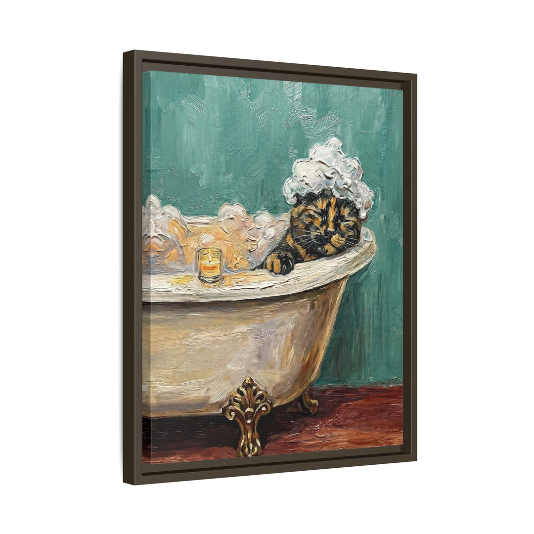 "Spa Day" - Tortoiseshell Vertical Framed Canvas - Cat Lover Wall Art