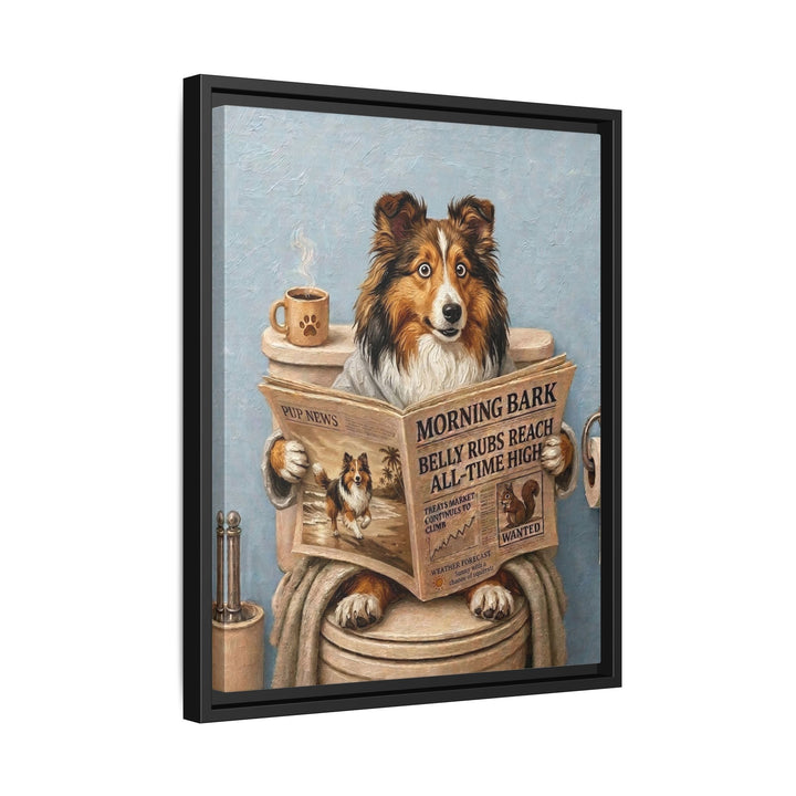 "Morning Business" - Shetland Sheepdog Vertical Framed Canvas - Dog Lover Wall Art