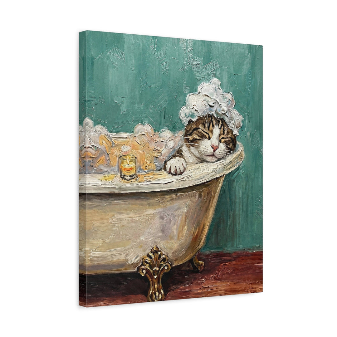 "Spa Day" - Brown Tabby & White Vertical Canvas - Cat Lover Wall Art