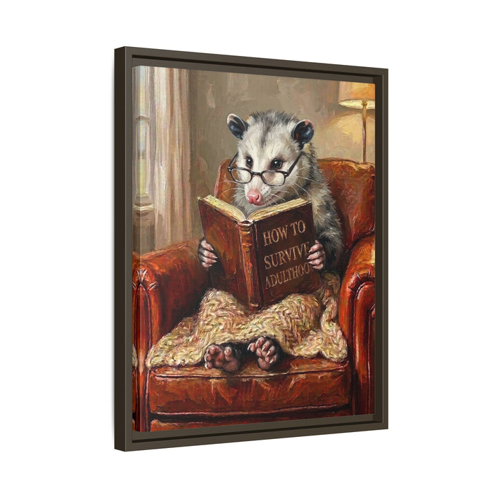 "Survive Adulthood" - Opossum Vertical Framed Canvas - Spirit Animal Wall Art