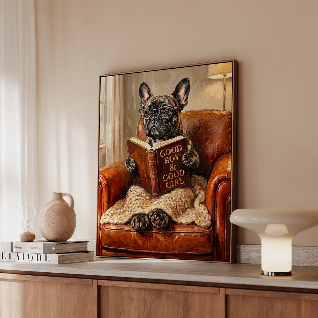 French Bulldog Evening Read Framed Canvas