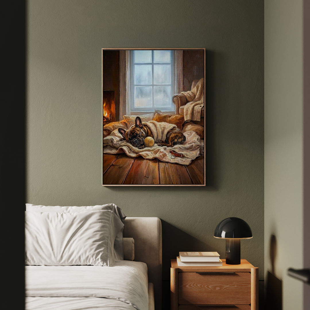 "Calm Memories" - French Bulldog Vertical Framed Canvas - Dog Lover Wall Art