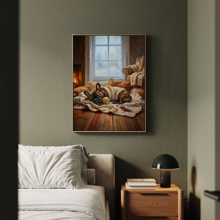 "Calm Memories" - French Bulldog Vertical Framed Canvas - Dog Lover Wall Art