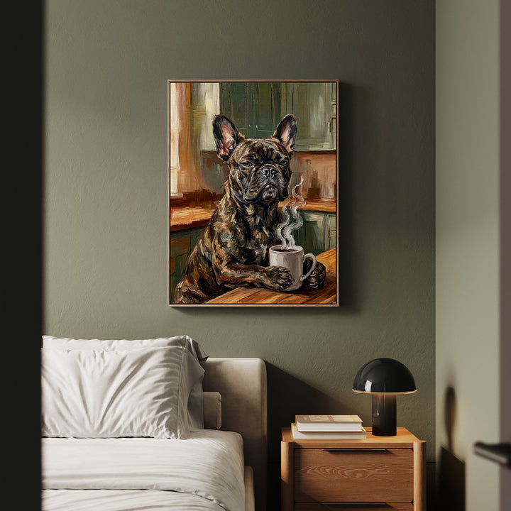 "Before Coffee" - French Bulldog Vertical Framed Canvas - Dog Lover Wall Art
