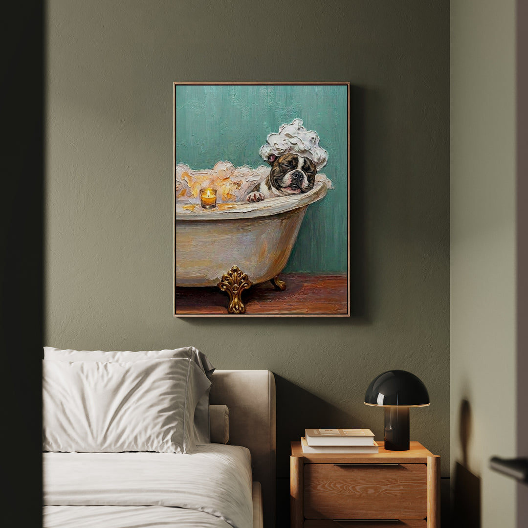 "Spa Day" - French Bulldog Vertical Framed Canvas - Dog Lover Wall Art