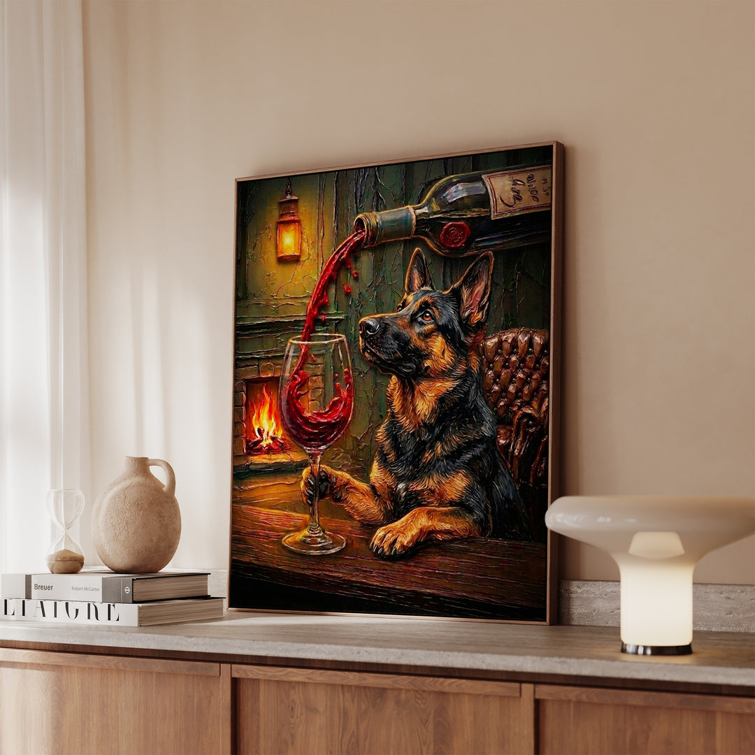 German Shepherd Wine & Woof Framed Canvas