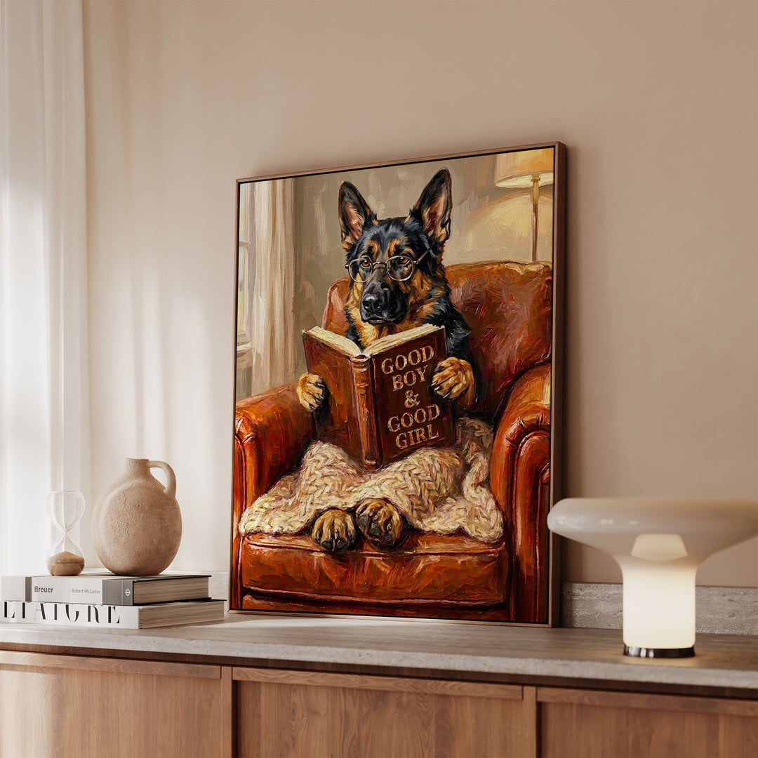 German Shepherd Evening Read Framed Canvas