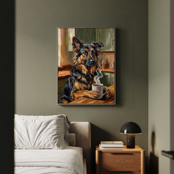"Before Coffee" - German Shepherd Vertical Framed Canvas - Dog Lover Wall Art