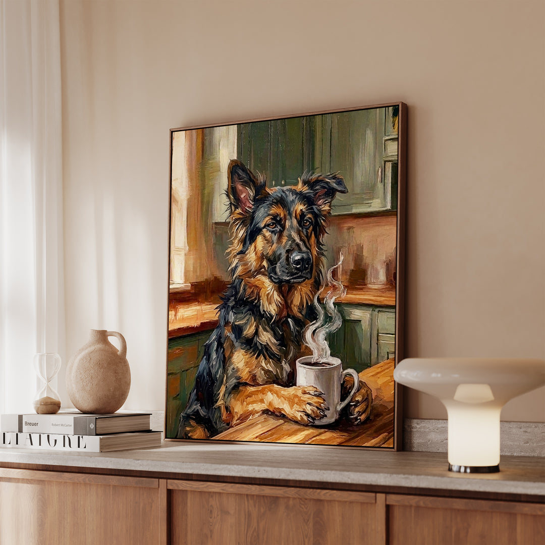 German Shepherd Before Coffee Framed Canvas