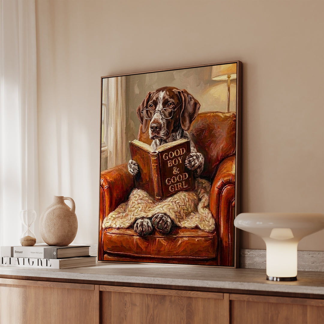 German Shorthaired Pointer Evening Read Framed Canvas