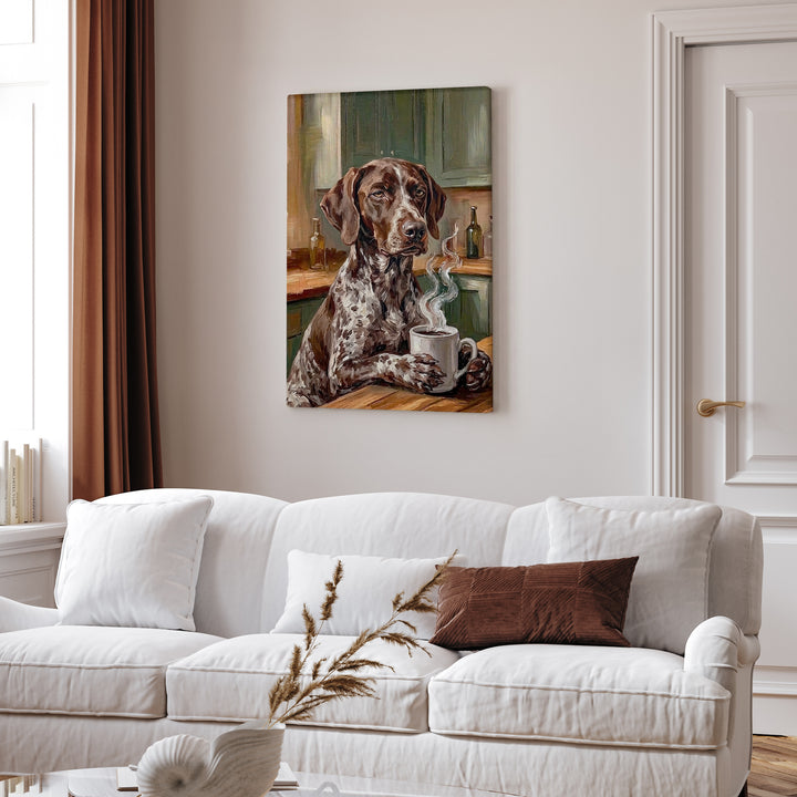"Before Coffee" - German Shorthaired Pointer Vertical Canvas - Dog Lover Wall Art