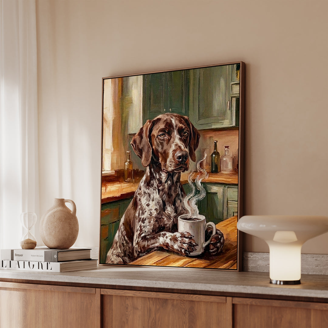 German Shorthaired Pointer Before Coffee Framed Canvas