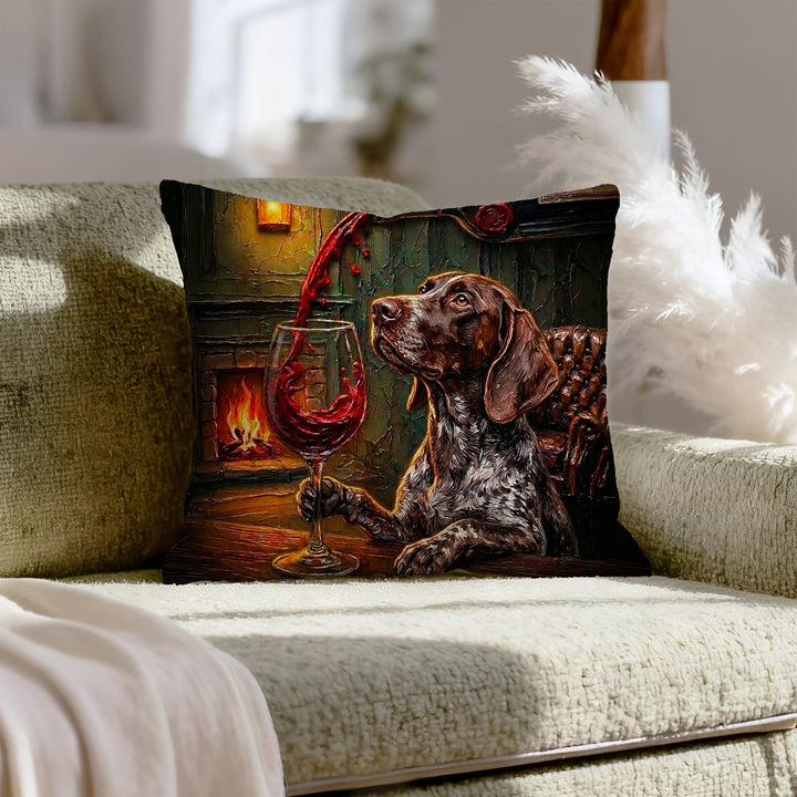 "Wine & Woof" - German Shorthaired Pointer Throw Pillow - Dog Lover Home Decor