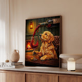 "Wine & Woof" - Golden Retriever Vertical Framed Canvas - Dog Lover Wall Art