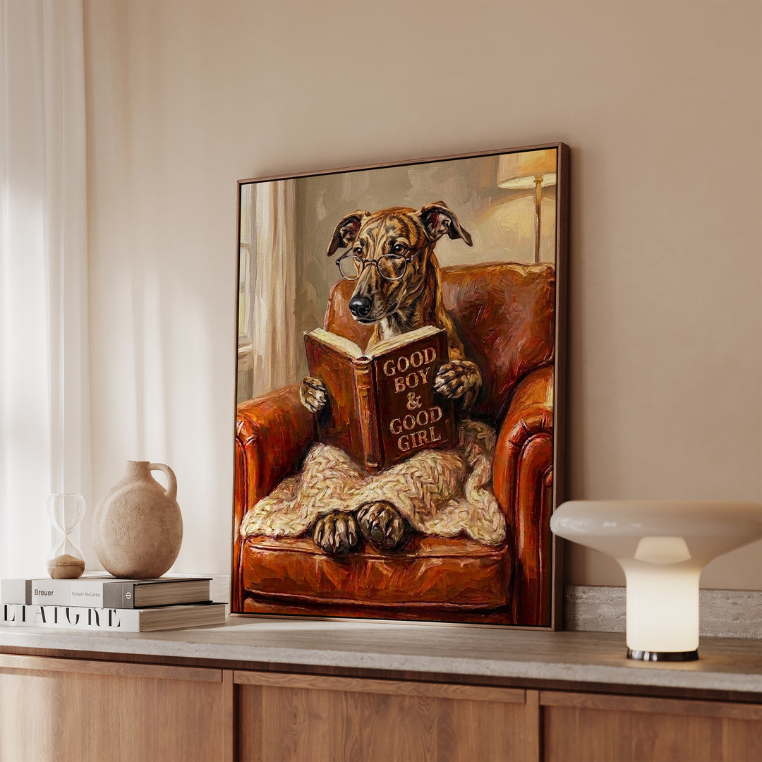 Greyhound Evening Read Framed Canvas