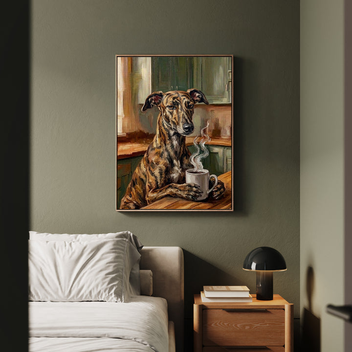 "Before Coffee" - Greyhound Vertical Framed Canvas - Dog Lover Wall Art