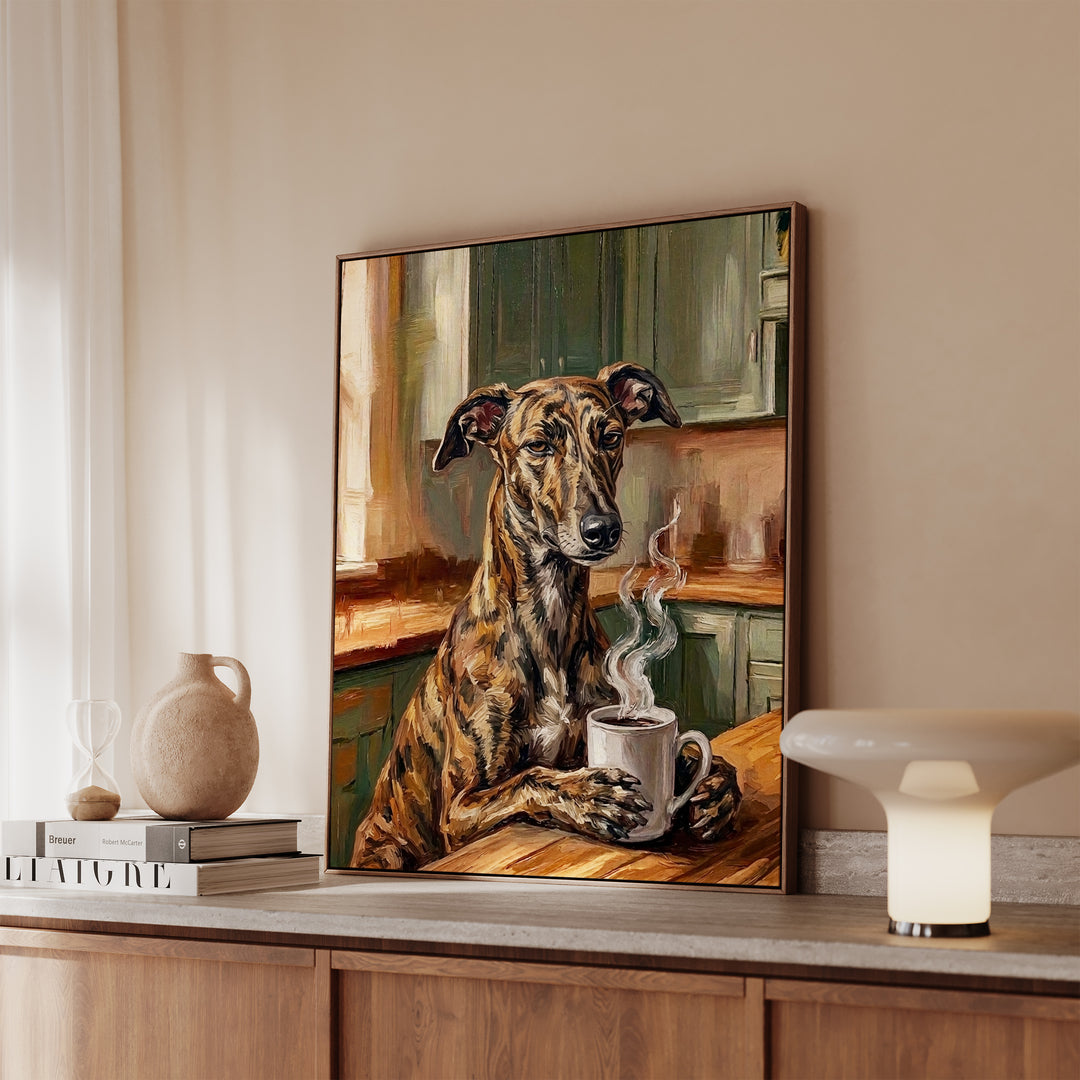 Greyhound Before Coffee Framed Canvas