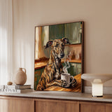 "Before Coffee" - Greyhound Vertical Framed Canvas - Dog Lover Wall Art