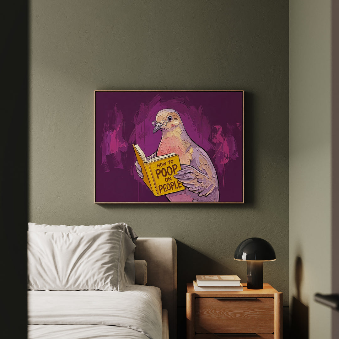 "How to Poop on People" - Funny Dove Vertical Framed Canvas - Humour Wall Art