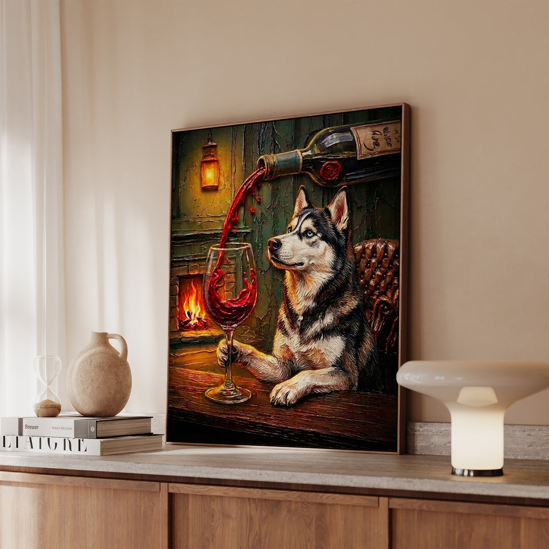 Husky Wine & Woof Framed Canvas