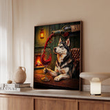 "Wine & Woof" - Husky Vertical Framed Canvas - Dog Lover Wall Art