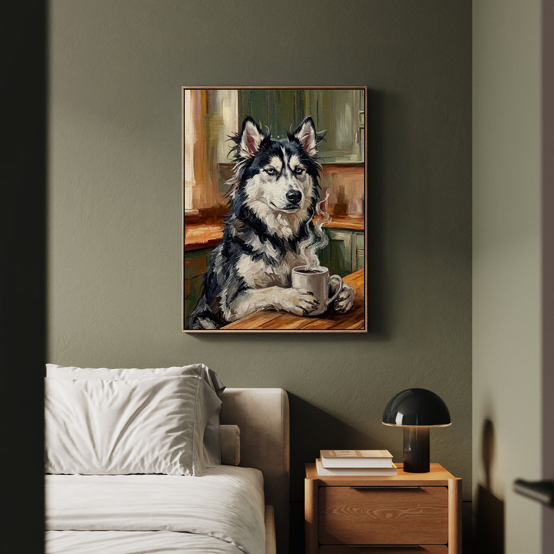 "Before Coffee" - Husky Vertical Framed Canvas - Dog Lover Wall Art