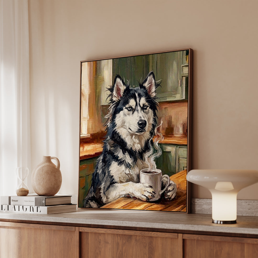 Husky Before Coffee Framed Canvas