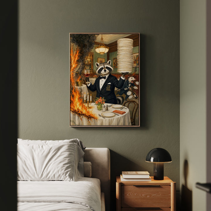 "I've Got This" - Raccoon Vertical Framed Canvas - Dark Burnout Humor Wall Art