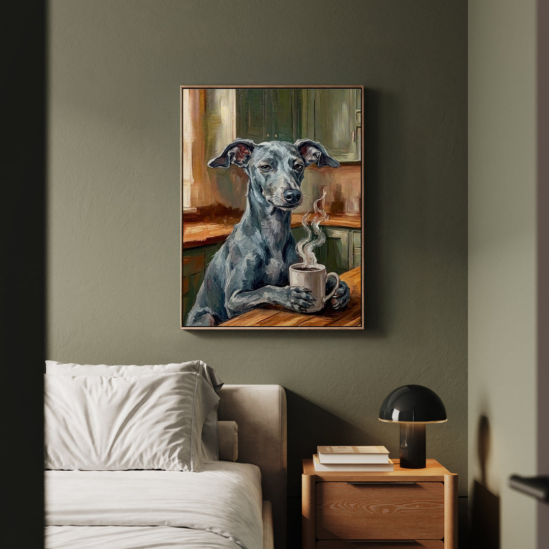 "Before Coffee" - Italian Greyhound Vertical Framed Canvas - Dog Lover Wall Art
