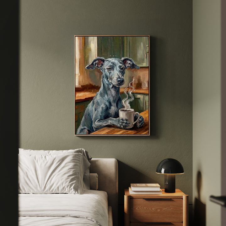 "Before Coffee" - Italian Greyhound Vertical Framed Canvas - Dog Lover Wall Art